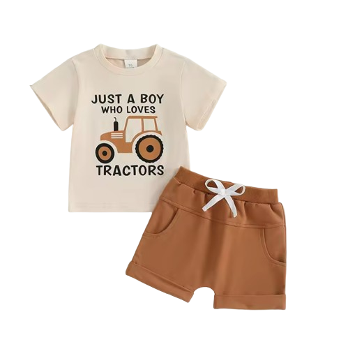 The Moshe - Baby Boy Tractor "Just A Boy Who Loves Tractors" Letter Print Round Neck Short Sleeve Tops with Solid Shorts