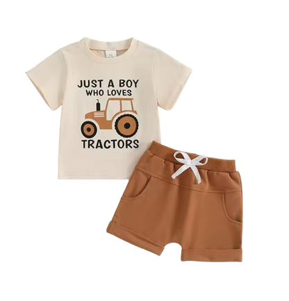 The Moshe - Baby Boy Tractor "Just A Boy Who Loves Tractors" Letter Print Round Neck Short Sleeve Tops with Solid Shorts