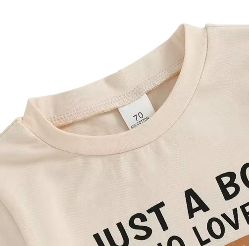 The Moshe - Baby Boy Tractor "Just A Boy Who Loves Tractors" Letter Print Round Neck Short Sleeve Tops with Solid Shorts