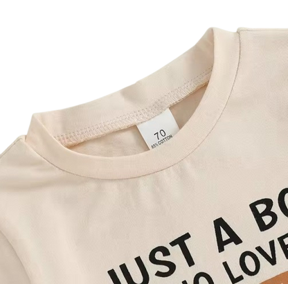 The Moshe - Baby Boy Tractor "Just A Boy Who Loves Tractors" Letter Print Round Neck Short Sleeve Tops with Solid Shorts