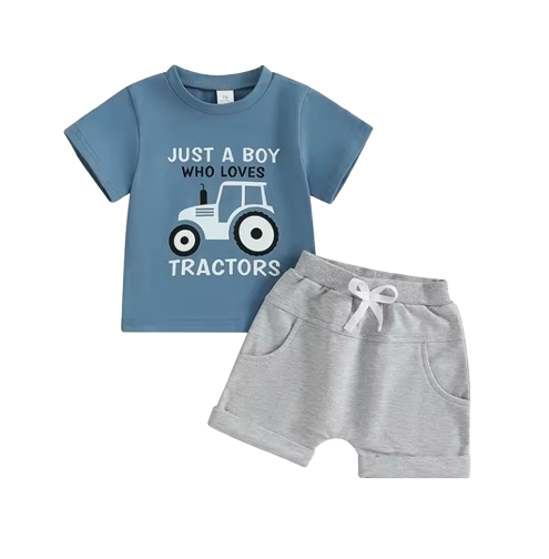 The Moshe - Baby Boy Tractor "Just A Boy Who Loves Tractors" Letter Print Round Neck Short Sleeve Tops with Solid Shorts