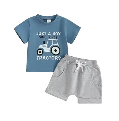 The Moshe - Baby Boy Tractor "Just A Boy Who Loves Tractors" Letter Print Round Neck Short Sleeve Tops with Solid Shorts