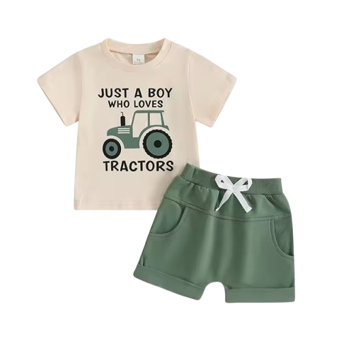 The Moshe - Baby Boy Tractor "Just A Boy Who Loves Tractors" Letter Print Round Neck Short Sleeve Tops with Solid Shorts
