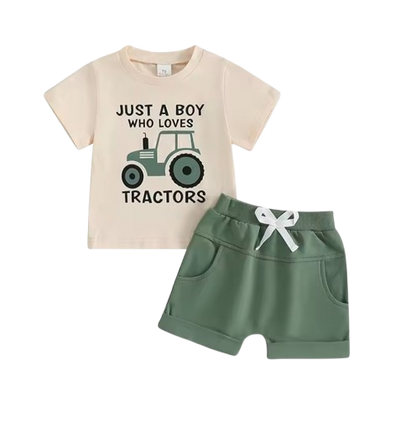 The Moshe - Baby Boy Tractor "Just A Boy Who Loves Tractors" Letter Print Round Neck Short Sleeve Tops with Solid Shorts