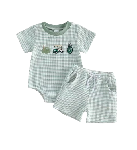 The Ronin - Baby Boy Golf Embroidery Short Sleeve Romper + Stripe Shorts