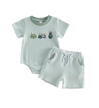 The Ronin - Baby Boy Golf Embroidery Short Sleeve Romper + Stripe Shorts