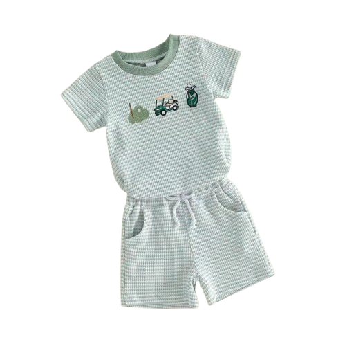 The Ronin - Baby Boy Golf Embroidery Short Sleeve Romper + Stripe Shorts