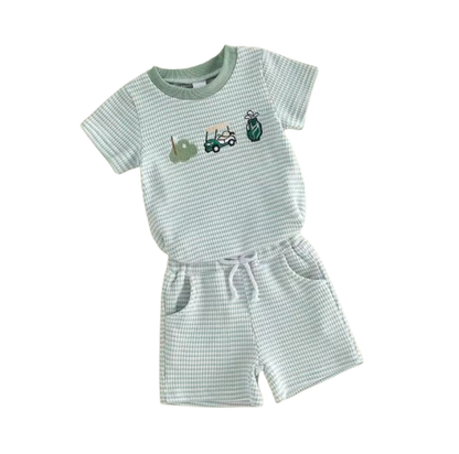 The Ronin - Baby Boy Golf Embroidery Short Sleeve Romper + Stripe Shorts