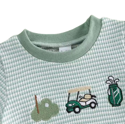 The Ronin - Baby Boy Golf Embroidery Short Sleeve Romper + Stripe Shorts