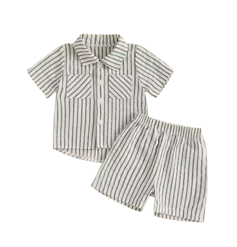 The Atreus - Baby Boy Shorts Set Striped Collared Short Sleeve Button-up Shirts + Elastic Waist Shorts
