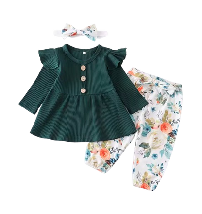 The Ailany - Baby Girl Green Solid Knitting Long Sleeve Tops + Floral Print Pants + Headband