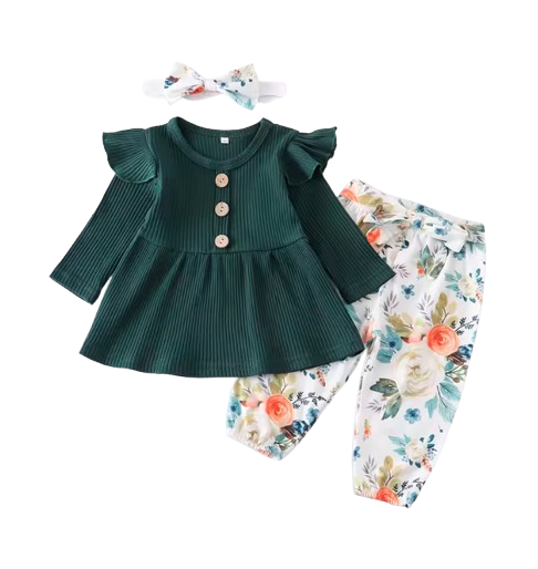 The Ailany - Baby Girl Green Solid Knitting Long Sleeve Tops + Floral Print Pants + Headband