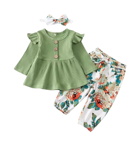 The Ailany - Baby Girl Green Solid Knitting Long Sleeve Tops + Floral Print Pants + Headband