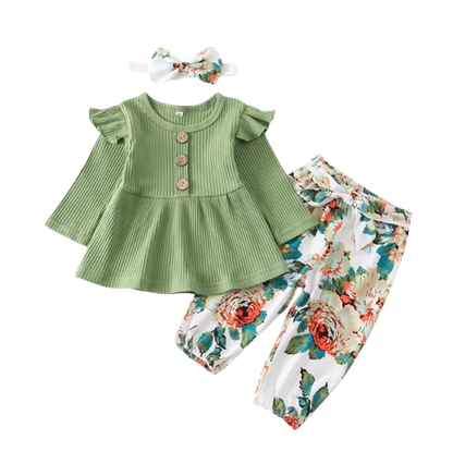The Ailany - Baby Girl Green Solid Knitting Long Sleeve Tops + Floral Print Pants + Headband