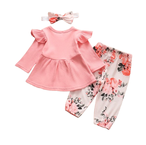 The Ailany - Baby Girl Pink Solid Knitting Long Sleeve Tops + Floral Print Pants + Headband