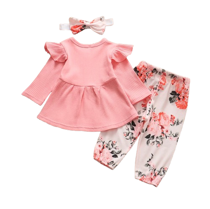 The Ailany - Baby Girl Pink Solid Knitting Long Sleeve Tops + Floral Print Pants + Headband