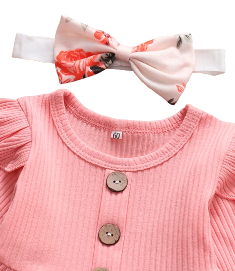 The Ailany - Baby Girl Pink Solid Knitting Long Sleeve Tops + Floral Print Pants + Headband
