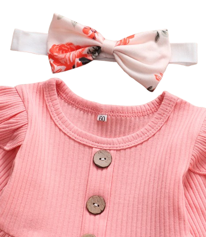 The Ailany - Baby Girl Pink Solid Knitting Long Sleeve Tops + Floral Print Pants + Headband