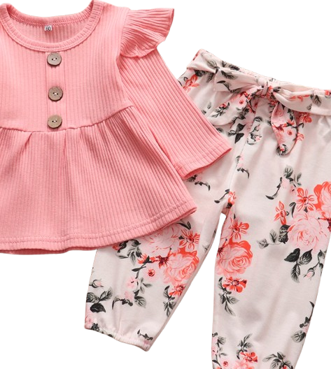 The Ailany - Baby Girl Pink Solid Knitting Long Sleeve Tops + Floral Print Pants + Headband