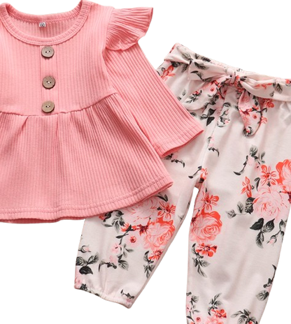 The Ailany - Baby Girl Pink Solid Knitting Long Sleeve Tops + Floral Print Pants + Headband