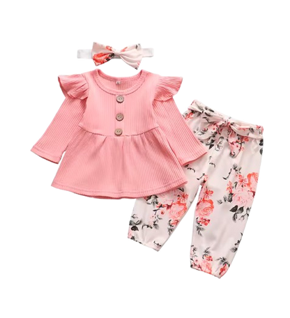 The Ailany - Baby Girl Pink Solid Knitting Long Sleeve Tops + Floral Print Pants + Headband