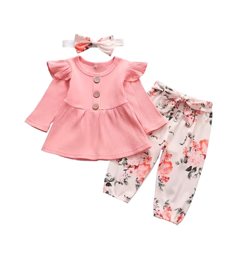 The Ailany - Baby Girl Pink Solid Knitting Long Sleeve Tops + Floral Print Pants + Headband
