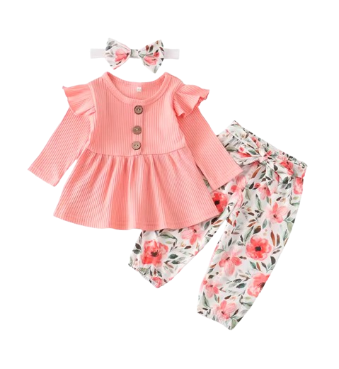 The Ailany - Baby Girl Pink Solid Knitting Long Sleeve Tops + Floral Print Pants + Headband