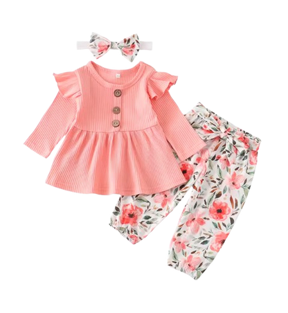 The Ailany - Baby Girl Pink Solid Knitting Long Sleeve Tops + Floral Print Pants + Headband