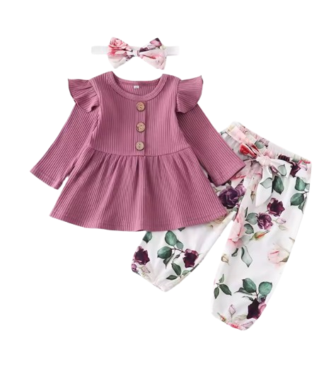 The Ailany - Baby Girl Purple Solid Knitting Long Sleeve Tops + Floral Print Pants + Headband