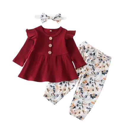 The Ailany - Baby Girl Purple Solid Knitting Long Sleeve Tops + Floral Print Pants + Headband