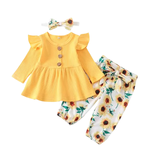 The Ailany - Baby Girl Yellow Solid Knitting Long Sleeve Tops + Floral Print Pants + Headband