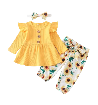 The Ailany - Baby Girl Yellow Solid Knitting Long Sleeve Tops + Floral Print Pants + Headband