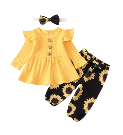The Ailany - Baby Girl Yellow Solid Knitting Long Sleeve Tops + Floral Print Pants + Headband