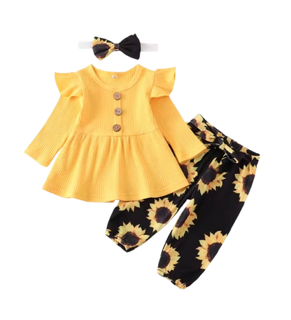 The Ailany - Baby Girl Yellow Solid Knitting Long Sleeve Tops + Floral Print Pants + Headband