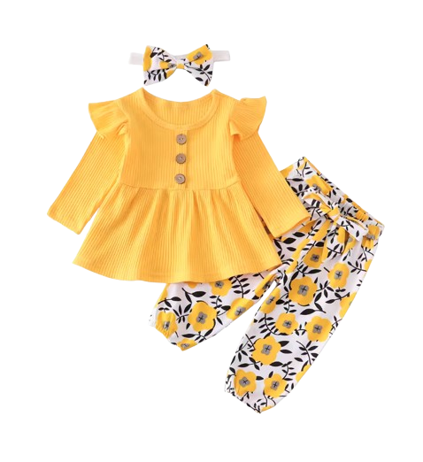 The Ailany - Baby Girl Yellow Solid Knitting Long Sleeve Tops + Floral Print Pants + Headband
