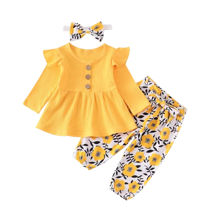 The Ailany - Baby Girl Yellow Solid Knitting Long Sleeve Tops + Floral Print Pants + Headband