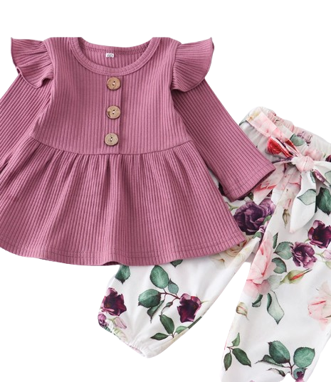 The Ailany - Baby Girl Purple Solid Knitting Long Sleeve Tops + Floral Print Pants + Headband