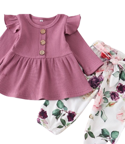The Ailany - Baby Girl Purple Solid Knitting Long Sleeve Tops + Floral Print Pants + Headband