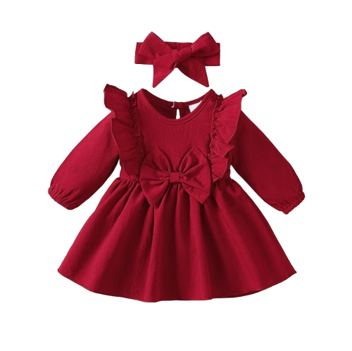 The Mariah - Baby Girl Red Ruffled Edges and Bow Long Sleeved Dress + Headband