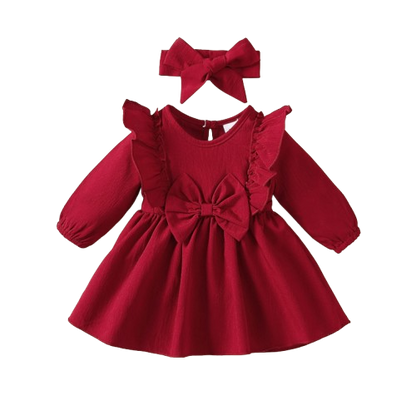 The Mariah - Baby Girl Red Ruffled Edges and Bow Long Sleeved Dress + Headband