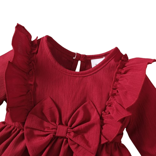 The Mariah - Baby Girl Red Ruffled Edges and Bow Long Sleeved Dress + Headband