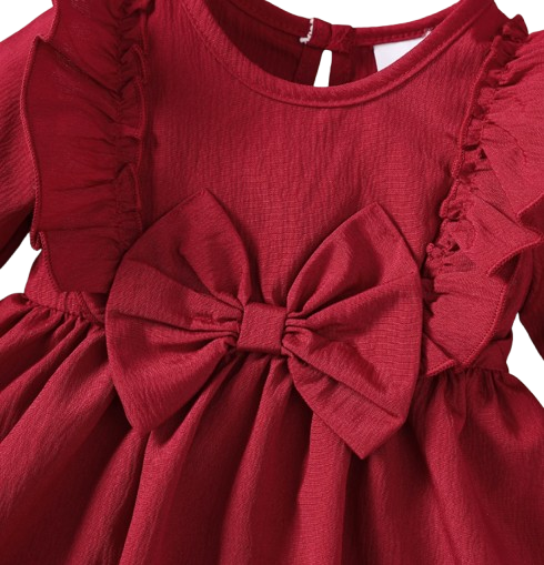 The Mariah - Baby Girl Red Ruffled Edges and Bow Long Sleeved Dress + Headband