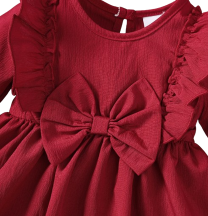 The Mariah - Baby Girl Red Ruffled Edges and Bow Long Sleeved Dress + Headband