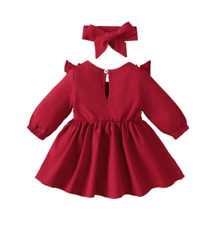 The Mariah - Baby Girl Red Ruffled Edges and Bow Long Sleeved Dress + Headband
