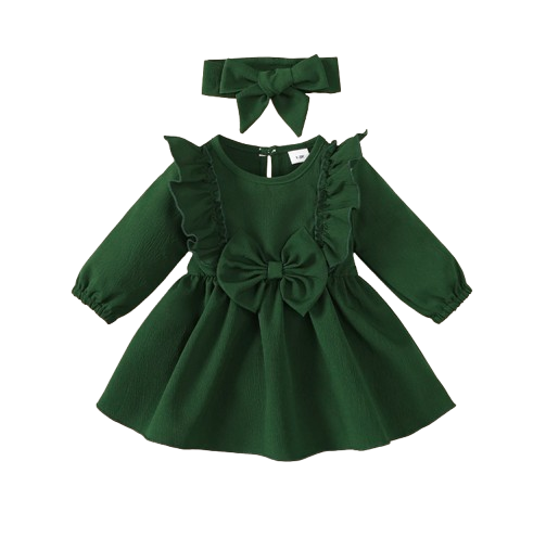 The Mariah - Baby Girl Green Ruffled Edges and Bow Long Sleeved Dress + Headband