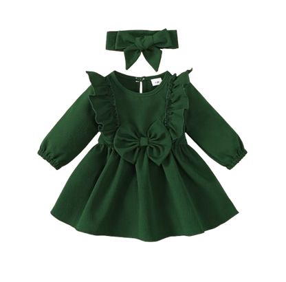The Mariah - Baby Girl Green Ruffled Edges and Bow Long Sleeved Dress + Headband