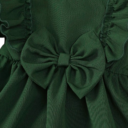The Mariah - Baby Girl Green Ruffled Edges and Bow Long Sleeved Dress + Headband