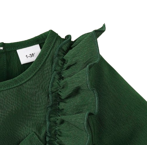 The Mariah - Baby Girl Green Ruffled Edges and Bow Long Sleeved Dress + Headband
