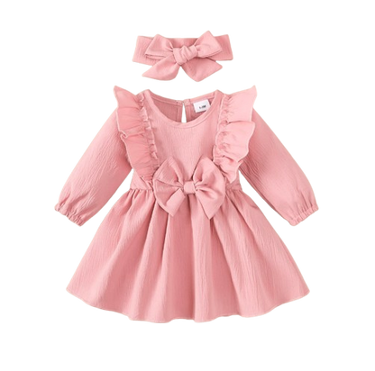 The Mariah - Baby Girl Pink Ruffled Edges and Bow Long Sleeved Dress + Headband