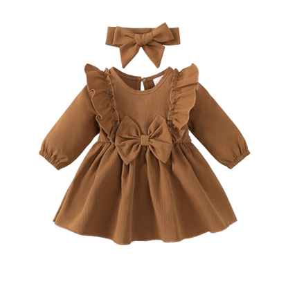 The Mariah - Baby Girl Brown Ruffled Edges and Bow Long Sleeved Dress + Headband